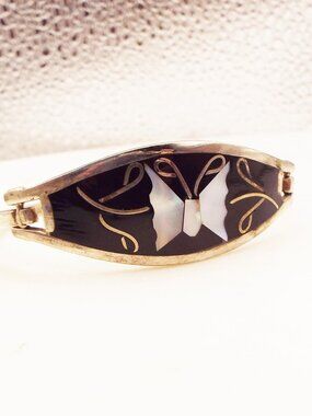 VINTAGE MEXICO ALPACA MOTHER OF PEARL BUTTERFLY W/ BLACK INLAY HINGED BRACELET L